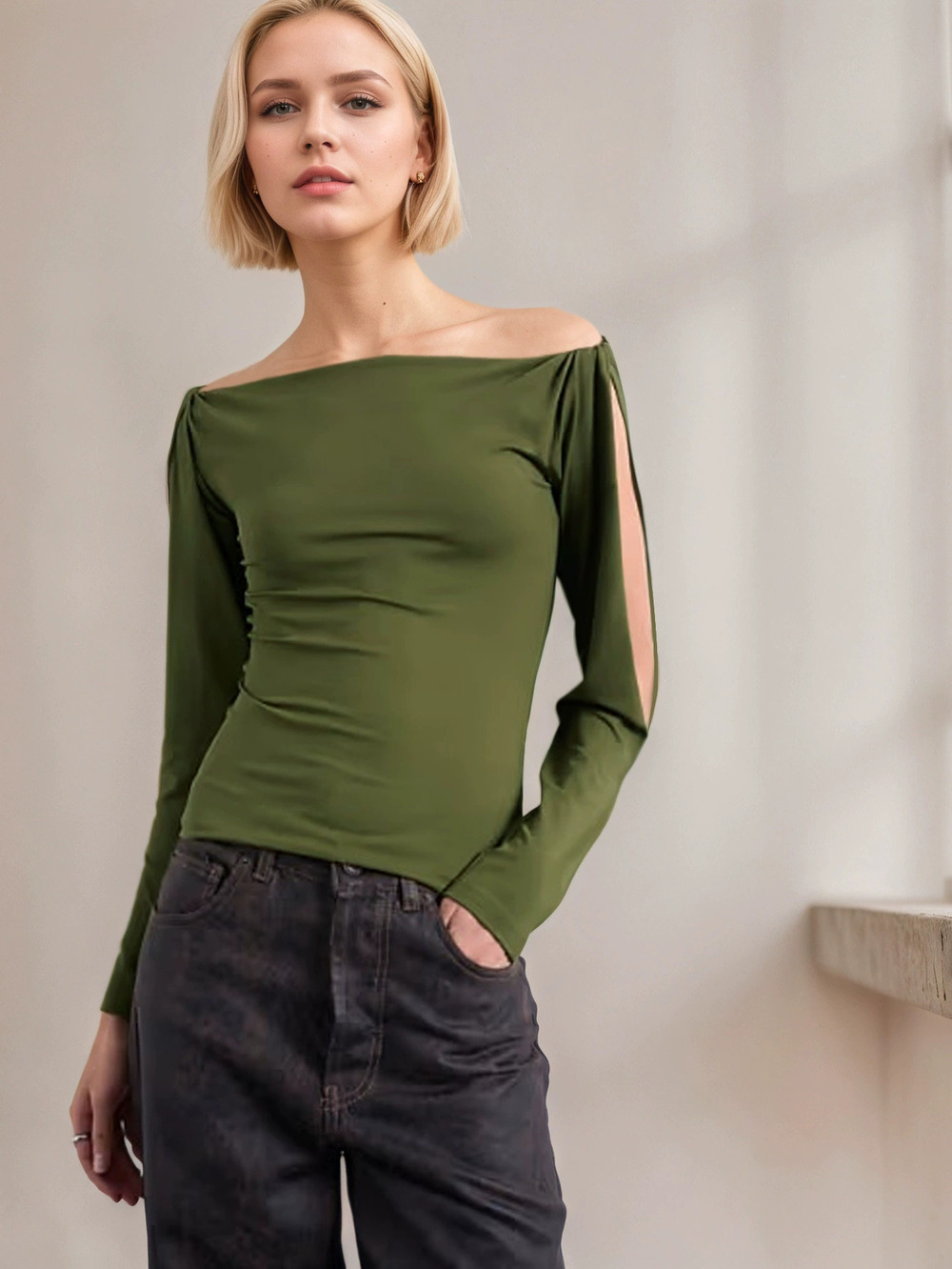 ZARA Off Shoulder Long Sleeve Knit Top with Cutout Twisted Cuffs Slim Fit